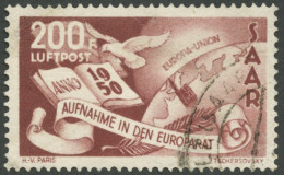 SAARLAND 298I O, 1950, 200 Fr. Flugpost Mit Abart Weißer Punkt Hinter Währungsbezeichnung F, Bugspur, Feinst, Mi. 900.- - Autres & Non Classés