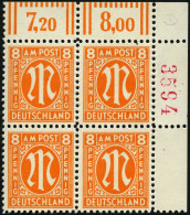 AMERIK. U. BRITISCHE ZONE 21Dr4 VB , 1945, 8 Pf. Rötlichorange Im Eckrandviererblock, Mit Roter Nummer, 4 Ziffern, Prach - Andere & Zonder Classificatie