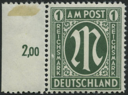 AMERIK. U. BRITISCHE ZONE 35IV , 1946, 1 RM Dunkelgraugrün Mit Abart Linke Zierlinien Neben SM In Reichsmark Durch Weiße - Other & Unclassified