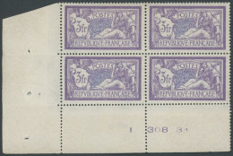 FRANKREICH 181 VB , 1925, 3 Fr. Violett/blau Allegorie Im Eckrandviererblock Mit Bogennummer, Postfrisch, Pracht, Mi. (2 - Andere & Zonder Classificatie