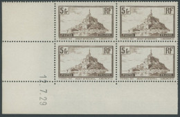 FRANKREICH 240a VB , 1930, 5 Fr. Dunkelbraun Mont-Saint-Michel Im Eckrandviererblock Mit Druckdatum, Postfrisch, Pracht - Other & Unclassified