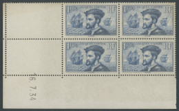 FRANKREICH 292/3 VB , 1934, Jacques Cartier In Linken Unteren Eckrandviererblocks Mit Leerfeldern Und Druckdatum, Postfr - Otros & Sin Clasificación