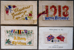 LOTS 1901/18, 4 Seidenstickerei-Karten Mit Flaggen Und Blumen, Als Geburtstags-, Weihnachts-, Hand-cross The Sea - Grüße - Altri & Non Classificati