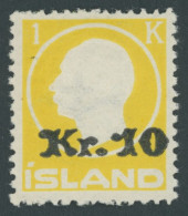 ISLAND 111 , 1924, 10 Kr. Auf 1 Kr. Gelb, Rauhe Zähnung, Postfrisch, Pracht, Mi. 900.- - Otros & Sin Clasificación