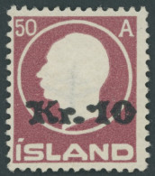ISLAND 120 , 1925, 10 Kr. Auf 50 A. Lilarot, Falzrest, Pracht - Sonstige & Ohne Zuordnung
