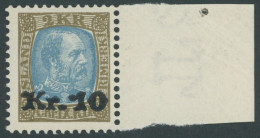 ISLAND 124 , 1929, 10 Kr. Auf 2 Kr. Olivbraun/hellblau Mit Breitem Rechten Rand, Postfrisch, Pracht, Mi. (190.-) - Autres & Non Classés