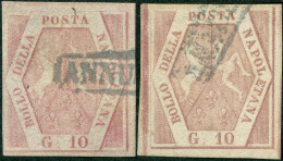 NEAPEL 5 O, 1858, 10 Gr. Dunkelbräunlichrosa, Platte I (Sassone Nr. 10b) Und 10 Gr. Karminrosa, Platte II (Sassone Nr. 1 - Nápoles
