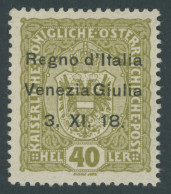 BES.GEB. JULISCH-VENETIEN 10 , 1918, 40 H. Braunoliv, Falzrest, Pracht, Mi. 90.- - Venezia Julia