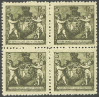 LIECHTENSTEIN 48B VB , 1921, 5 Rp. Schwarzbräunlilcholiv, Gezähnt L 121/2, Im Viererblock, Postfrisch, Pracht, Mi. (200. - Other & Unclassified