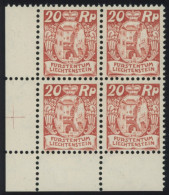 LIECHTENSTEIN 70 VB , 1926, 20 Rp. Dunkelzinnoberrot Im Linken Unteren Eckrandviererblock, Postfrisch, Prcaht, Mi. 680.- - Sonstige & Ohne Zuordnung