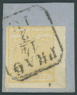 ÖSTERREICH BIS 1867 1Yb BrfStk, 1854, 1 Kr. Ockergelb, Maschinenpapier, Type Ib, Rechtes Randstück 4,5 Mm, R4 PRAG, Oben - Sonstige & Ohne Zuordnung