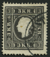 ÖSTERREICH 11II O, 1859, 3 Kr. Schwarz, Type II, Unten Drei Ausgelassene Zähnungslöcher, Pracht - Otros & Sin Clasificación