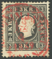 ÖSTERREICH BIS 1867 11II O, 1858, 3 Kr. Schwarz, Type II, Roter Stempel, Pracht, Mi. 250.- - Sonstige & Ohne Zuordnung