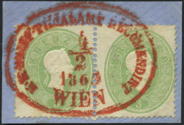 ÖSTERREICH 19 Paar BrfStk, 1863, 3 Kr. Grün Im Waagerechten Paar Auf Briefstück Mit Rotem Oval-K1 K.K. BRIEF-FILIALAMT-R - Usati