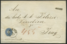 ÖSTERREICH 33 BRIEF, 1863, 10 Kr. Blau Und Rückseitiges Reco-Porto 10 Kr. Blau (defekt) Auf Brief Von TREBITSCH Nach Pra - Oblitérés