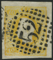 PORTUGAL 18 O, 1866, 10 R. Gelb, Nummernstempel 52, Breitrandig, Kabinett, Gepr. Drahn, Mi. (200.-) - Usado