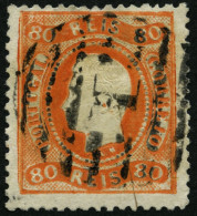 PORTUGAL 30 O, 1867, 80 R. Orange, Nummernstempel 1, üblich Gezähnt Pracht, Mi. 150.- - Usado