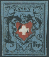 SCHWEIZ BUNDESPOST 7II O, 1850, 5 Rp. Schwarz/zinnoberrot Auf Blau, Ohne Kreuzeinfassung, Zentrischer P.P., Voll-riesenr - Otros & Sin Clasificación