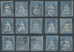 SCHWEIZ BUNDESPOST 14IIBym O, 1859, 10 Rp. Lebhaftblau, Berner Druck III, (Zst. 23G), 15 Prachtwerte In Nuancen - Andere & Zonder Classificatie