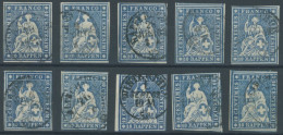 SCHWEIZ BUNDESPOST 14IIBym O, 1859, 10 Rp. Lebhaftblau, Berner Druck III, (Zst. 23G), 10 Prachtwerte In Nuancen - Andere & Zonder Classificatie