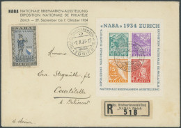 SCHWEIZ BUNDESPOST Bl. 1 BRIEF, 1934, Block NABA Mit Sonderstempel Und Vignette Auf Einschreibbrief, Pracht - Other & Unclassified