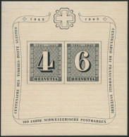 SCHWEIZ BUNDESPOST Bl. 8 , 1943, Block 100 Jahre Briefmarken, Feinst, Mi. 120.- - Bloques & Hojas