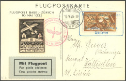 LUFTPOST SF 25.2 BRIEF, 10.5.1925, Flugpost BASEL-ZÜRICH, Sonderkarte Mit Vignette Und Mi.Nr. 181, Prachtkarte - Premiers Vols