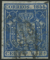 SPANIEN 30w O, 1854, 6 R. Blau, Dünnes Weißes Papier, Pracht, Mi. 300. - Usati