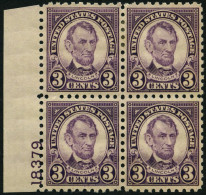 USA 264C VB , , Scott 584, 1925, 3 C. Lincoln, Gezähnt L 10, Im Plattenviererblock, Die Beiden Unteren Werte Postfrisch, - Unused Stamps