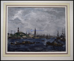 HAMBURG: Blick Auf Die Elbe Und Den Hamburger Hafen, Kolorierter Holzstich Von Gehrts Von 1881 - Stiche & Gravuren