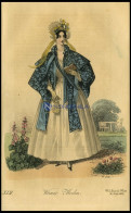 Wiener-Moden - Kleid Aus Mousseline, Cape Von Foulard - Dazu Tüll-Haube Mit Blumen, Altkolorierter Kupferstich Aus Wiene - Lithografieën