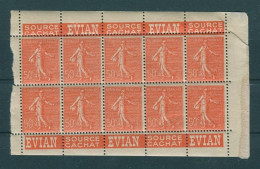 !!! 50 C SEMEUSE LIGNEE T1 BLOC DE 10 (1/2 INTERIEUR DE CARNET) AVEC PUBS EVIAN NEUF ** - Unused Stamps