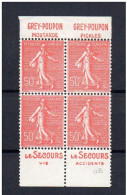 !!! 50 C SEMEUSE LIGNEE T1 BLOC DE 4 AVEC BANDES PUBS GREY POUPON SECOURS NEUF ** - Unused Stamps