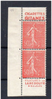 !!! 50 C SEMEUSE LIGNEE TIIB : PAIRE VERTICALE DE CARNET AVEC BANDES CIGARETTE GITANE - REDOUTE NEUVE ** - Unused Stamps
