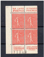 !!! 50 C SEMEUSE LIGNEE TIV : BLOC DE 4 AVEC BANDES PUBS PHENIX - LA REDOUTE NEUF ** - Unused Stamps