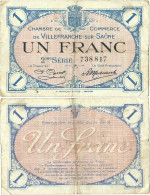 France - BILLET - Chambre De Commerce De VILLEFRANCHE-SUR-SAONE - UN FRANC - 1918 - JP.129.09 - 15-239 - Bonds & Basic Needs