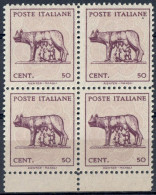 LUOGOTENENZA 1943 LUPA CAPITOLINA C. 50 SENZA FILIGRANA IN QUARTINA - NUOVI MNH ** - SASSONE 515A - Nuovi