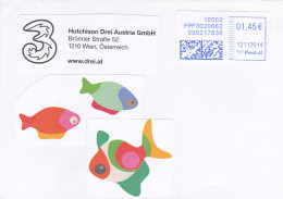 FISHES STICKERS, AMOUNT 1.45, BARCODE MACHINE PRINTED STAMP ON COVER, 2014, AUSTRIA - Cartas & Documentos