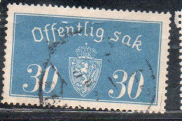 NORWAY NORGE NORVEGIA NORVEGE 1933 1937 OFFICIAL STAMPS SERVIZIO SERVICE COAT OF ARMS STEMMA 30o USATO USED OBLITERE' - Officials