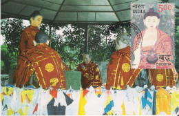The Scene Of The Worship Of A Modern Image Of The Budha In Sarnath, Used Postcard With Matching Stamp 2011 - Buddismo