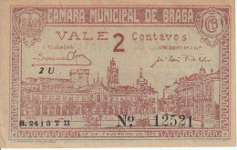 ¡CAPICUA! BILLETE DE PORTUGAL DE 2 CENTAVOS CAMARA DE BRAGA  DEL AÑO 1920 (BANKNOTE) 12521 - Portogallo