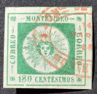 Uruguay 1859 Scarce Red Montevideo Postmark On XF 180c Green Sun Issue (Sc &  YT 11 - Uruguay