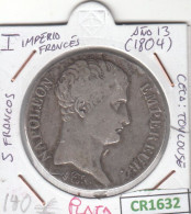 CR1632 MONEDA FRANCIA IMPERIO 5 FRANCOS 1804 PLATA BC - Other & Unclassified