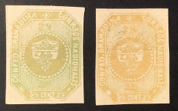 Colombia 1859 Sc.1b+1d RARE PLATE FLAW Grenadine Confederation 2 1/2c Olive Green & Ochre Mint (Confédération Grenadine - Kolumbien