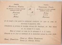 Romania - Bucuresti - Invitatie Nunta - Faire-part Mariage (1965) - Mariage