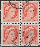 CANADA 1954 Queen Elizabeth II - 6c. - Orange FU BLOCK OF 4 - Hojas Bloque