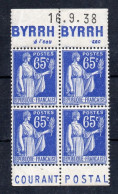 !!! PRIX FIXE : BLOC DE 4 DU 65C PAIX AVEC BANDES PUBS BYRRH - POSTE COIN DATE NEUF ** - Unused Stamps