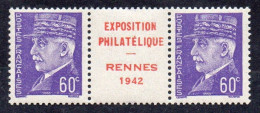 !!! PRIX FIXE : PAIRE DU 60C PETAIN AVEC INTERPANNEAU PUBLICITAIRE EXPOSITION PHILATELIQUE DE RENNES 1942 ** - Neufs