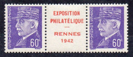 !!! PRIX FIXE : PAIRE DU 60C PETAIN AVEC INTERPANNEAU PUBLICITAIRE EXPOSITION PHILATELIQUE DE RENNES 1942 ** - Ungebraucht