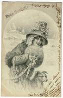 Carte Illustrée R. R. Wichera "Bons Souhaits" Belle Femme Dehors Par Un Grand Froid, Manchon Fourré, Chien - Circ 1903 - Wichera